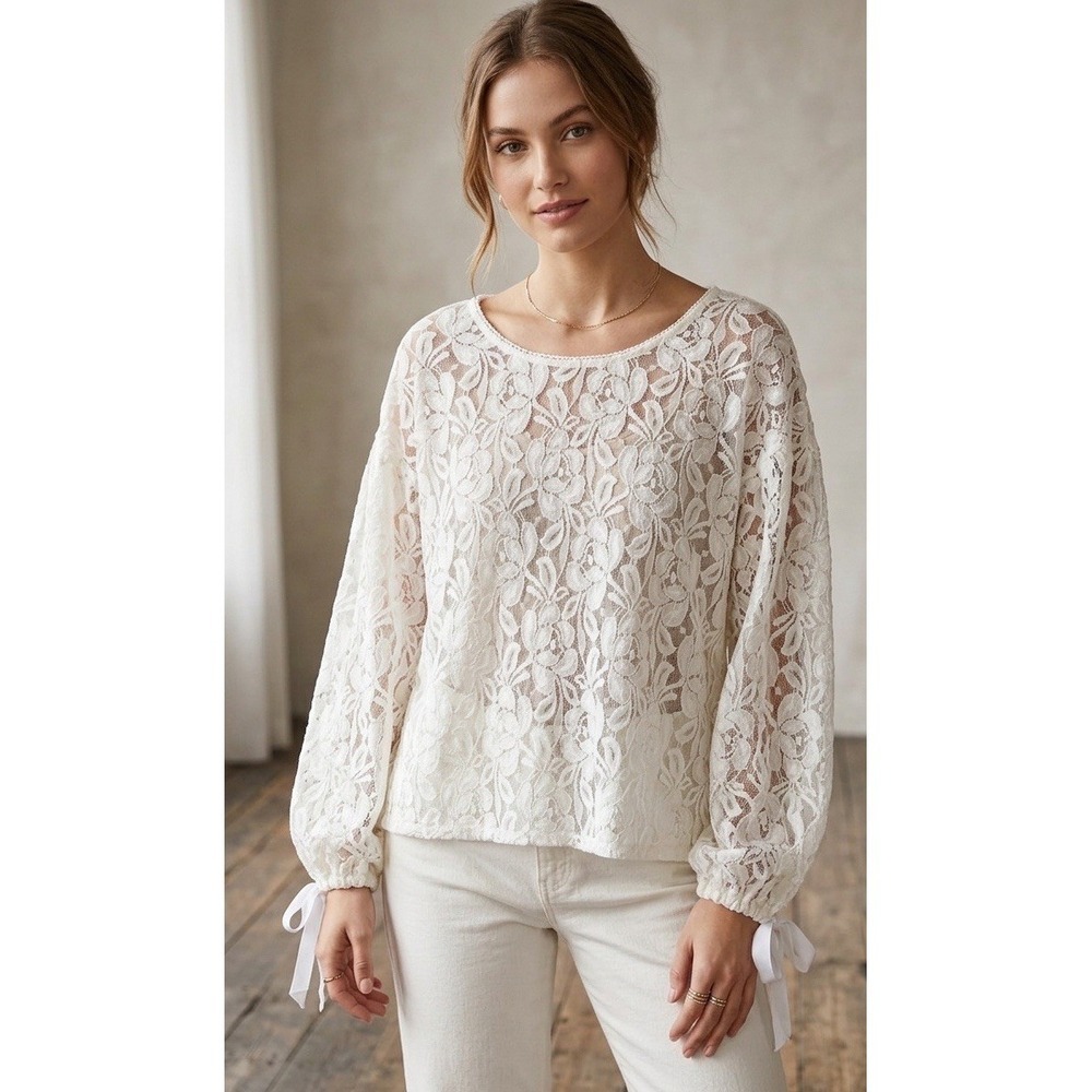 Floral Lace Boho-Chic Romantic XL Ethereal Peasant Sheer Top Ballon Sleeve